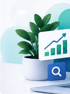 Search visibility illustration with a magnifying glass and rising chart